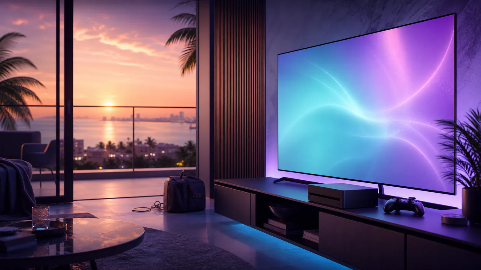 Original launch-night setup concept with an unbranded console and tropical sunrise