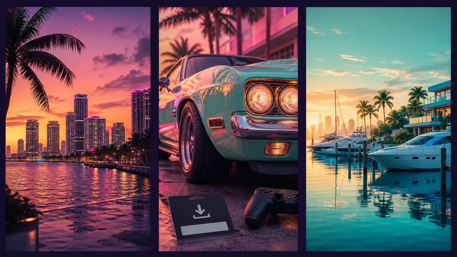 Original editorial concept showing a coastal city, unbranded car, controller, and marina