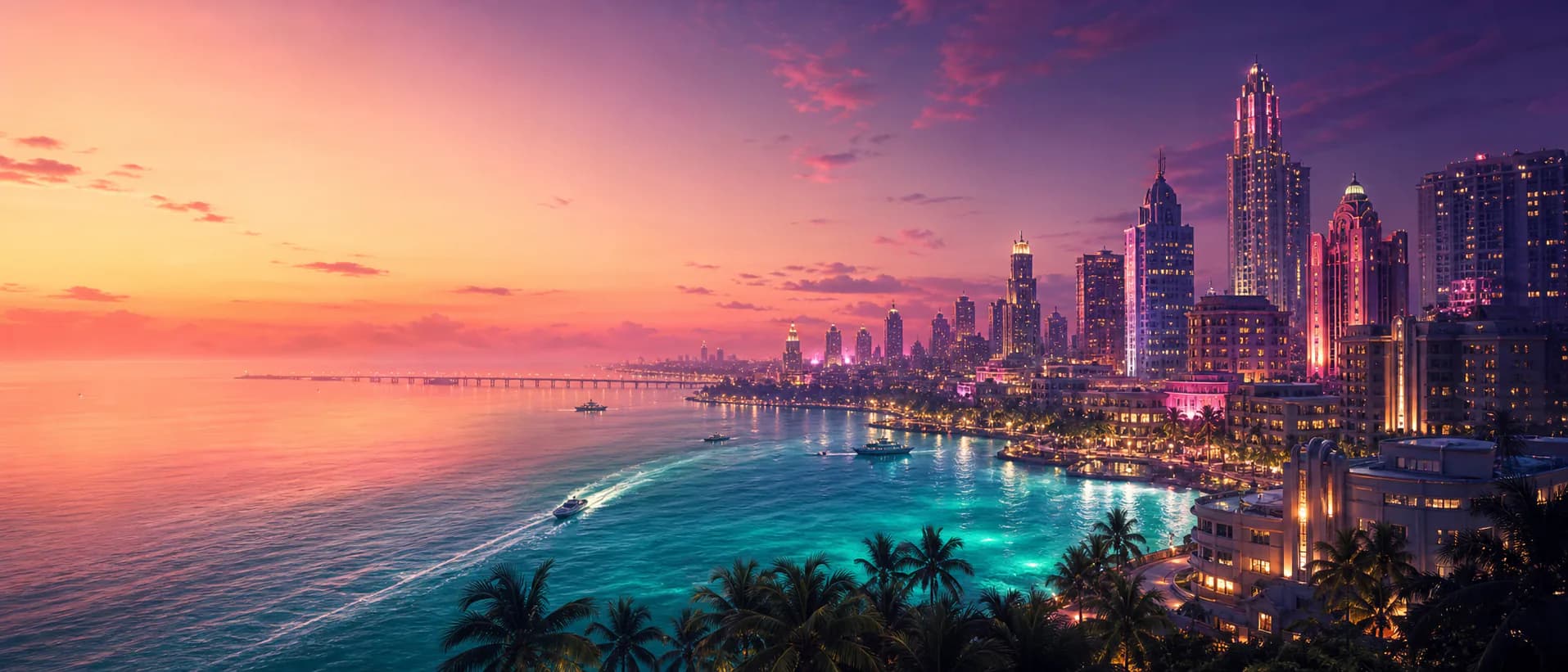 Original tropical coastal city concept artwork at sunset