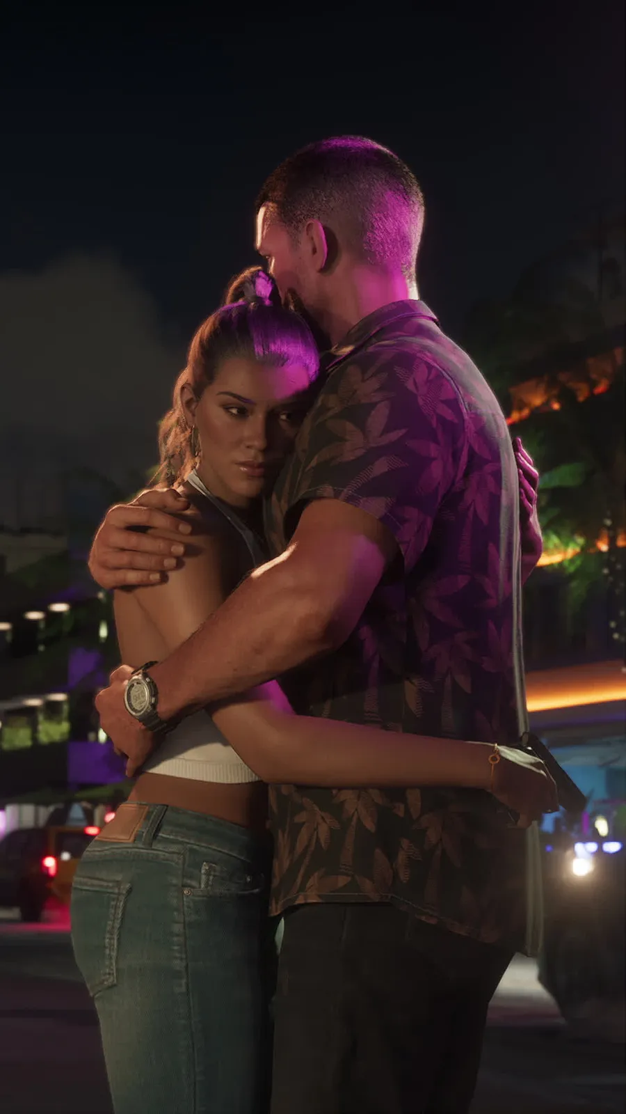 Lucia Caminos embracing Jason at night in an official GTA VI image.