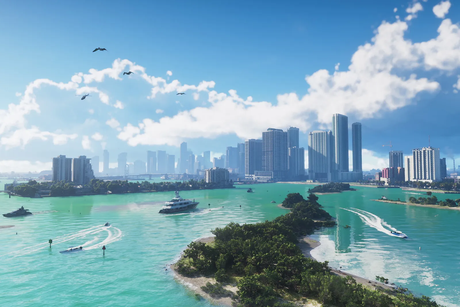 Official GTA VI panorama of Vice City with turquoise waterways, boats, islands, and high-rise buildings.