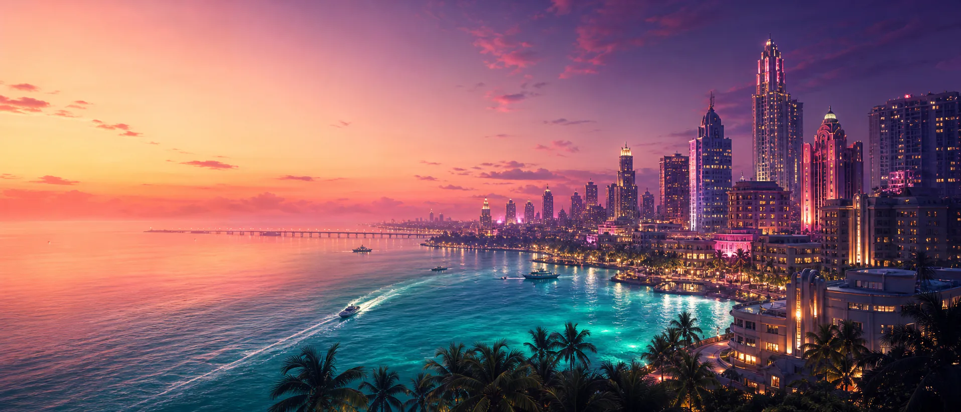 Original tropical coastal city concept artwork at sunset
